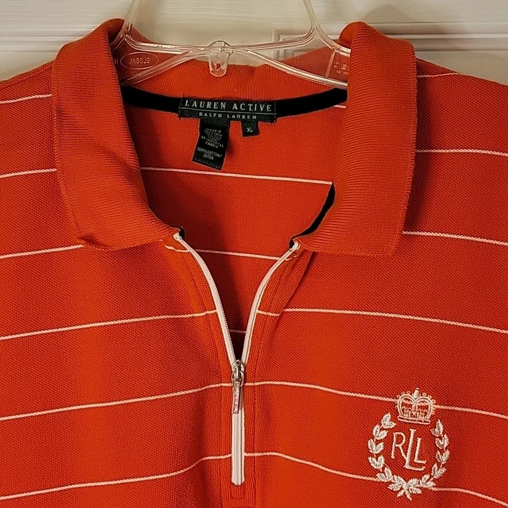 Lauren Active Polo XL Short Sleeve Orange White Stripe Zip Up